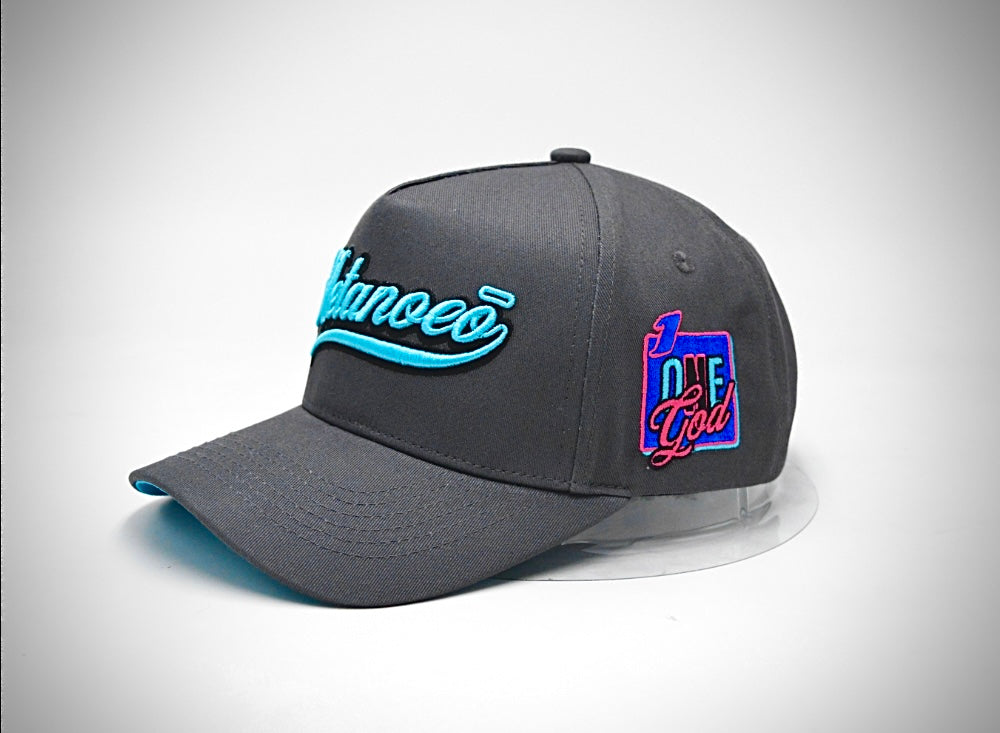 Grey & Terquoise Metanoeō 5 Panel snap back cap
