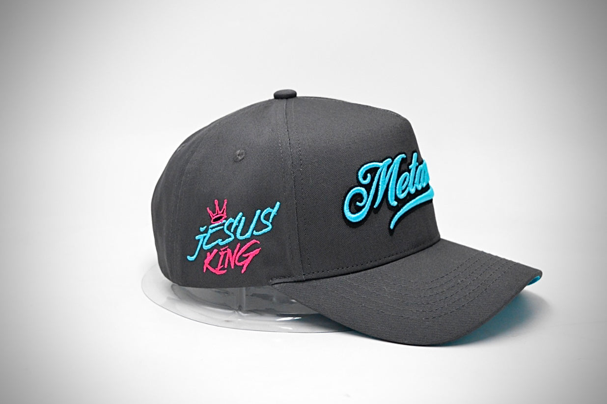 Grey & Terquoise Metanoeō 5 Panel snap back cap